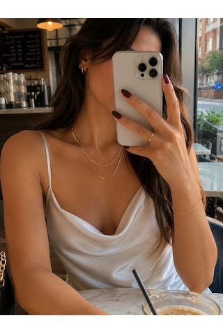 Gold İkili Katman Çelik Kolye Minimal Yılan Zincir & Figaro Zincir 45+5 Cm Altın