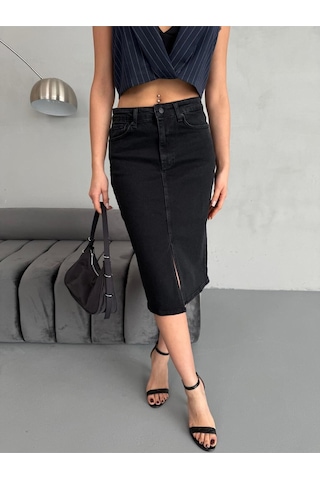 Zeo Basic Yırtmaçlı Midi Boy Likralı Jean Etek Siyah+Füme