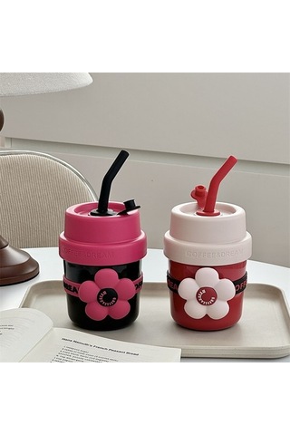 Çiçek Hasır Termos Bardak, Kadın Su Bardağı, Yüksek Görünüm Eşlik Eden Fincan, Sevimli Kahve Fincanı, Paslanmaz Çelik Çocuk Öğrenci Su Bardağı, 400ml Zg1qky Diğer