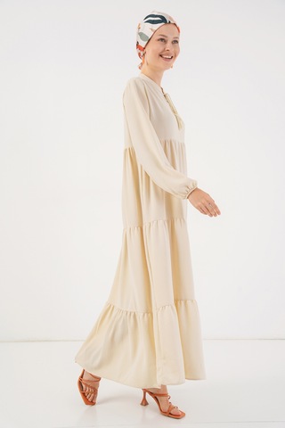 1627 Yaka Bağcıklı Tesettür Elbise - Krem