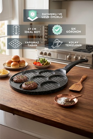 27 Cm Yanmaz Yapışmaz Döküm Hamburger Tavası Siyah