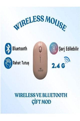 Şarj Edilebilir Kablosuz Mouse Bluetooth + 2.4g Çift Mod -