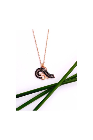 Gümüş Siyah Zirkon Taşlı Gold Osmanlı Tuğrası Trend Kadın Kolye Ö