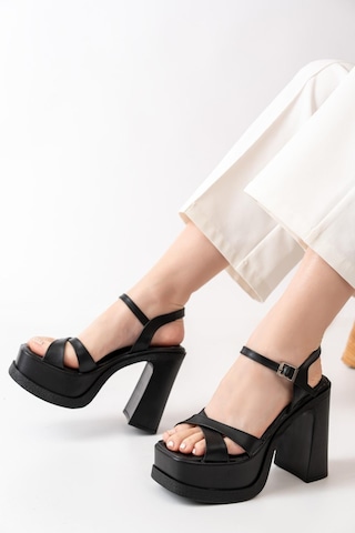 Asmi Shoes Kadın Çapraz Bantlı 12 Cm Platformlu Topuklu Ayakkabbı Siyah Siyah