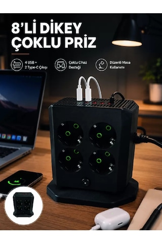 Hepsi 8'li Dikey Çoklu Priz 4 Usb 2 Type-c Girişli Akım Korumalı Uzatma Prizi Najmaddin