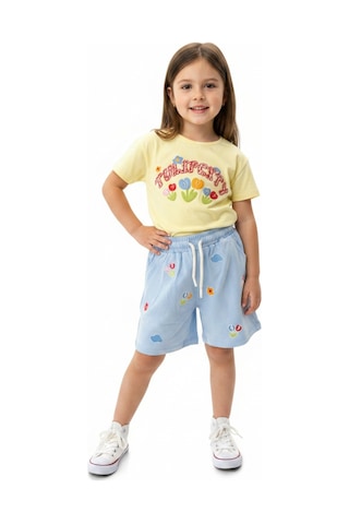 Toontoy Kids Toontoy Kız Çocuk 2'li Şortlu Takım Bisiklet Yaka Kısa Kollu Baskılı Tişört Beli Bağlamalı Baskılı Şort 25034 Açık Sarı