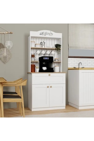 Lucas 2 Kapaklı Çekmeceli Kahve Köşesi Ve Çok Amaçlı Mutfak Dolabı - Açık Ceviz & Beyaz Açık Ceviz & Beyaz