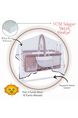 Chubby Baby Müzikli Melodi Kutulu Candy Sepet Beşik Sallanır, 2 Peluş Oyuncaklı Beşik Bej
