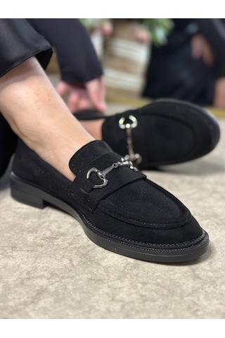 Günlük Kadın Siyah Loafer Klasik Desenli Taban Tokalı Oval Burunlu Makosen Ayakkabı 120 Siyah Süet Platin