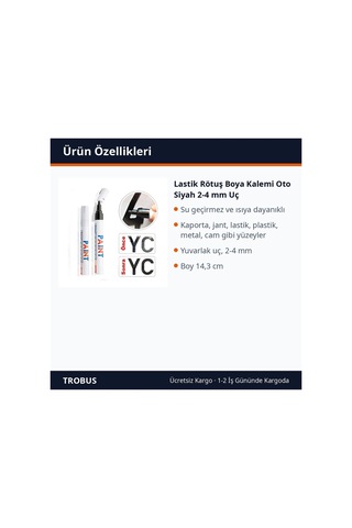 Trobus Lastik Rötuş Boya Kalemi Oto Siyah 2-4 Mm Uç