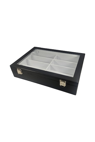 Özer Kutu Camlı Kapaklı 8 Bölmeli Gözlük Kutusu,takı Kutusu Ve Çantası Siyah /beyaz İçi Deri