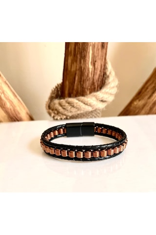 %100 Deri&hematit&çelik Kombinli Erkek Bileklik Boyut Net 21cm Siyah - Kahverengi