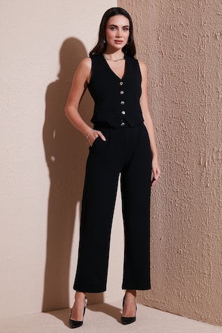 Lela Regular Fit Yüksek Bel Bol Paça V Yaka Yelekli Bayan Takım 5866199 Siyah