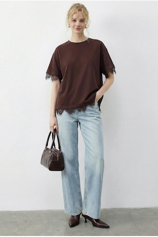 Shade Kadın Dantel Detaylı Bisiklet Yaka Oversize T-shirt 1046 60283955 - Kahverengi