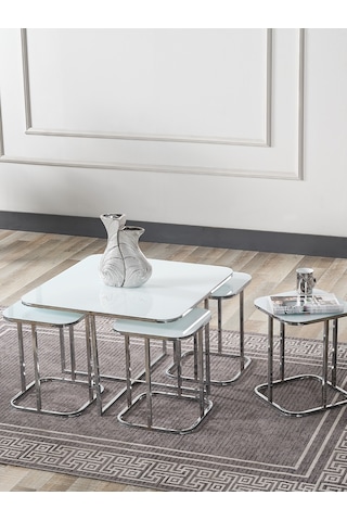 Pelikan 4+1 Beyaz Temperli Cam Gümüş Metal Ayak Takım Sehpa Sedaş Living Units Sehpa