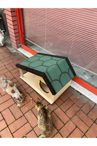 Reyo Narım Ahşap Mama Standlı Tırmalama Tahtalı Özel Tasarım Kedi Barınağı, Kedi Barınağı 74x45 Cm
