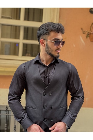 Dupont Classics Dupont Erkek Slim Fit 6 Drop Çift Yırtmaç Yelekli Takım Elbise Siyah