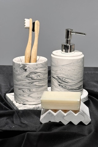 Betonmall 4 Parça Mermer Desenli Beton Banyo Seti Katı Ve Sıvı Sabunluk Diş Fırçalık Sunum Tepsisi Siyah Beyaz Siyah - Beyaz