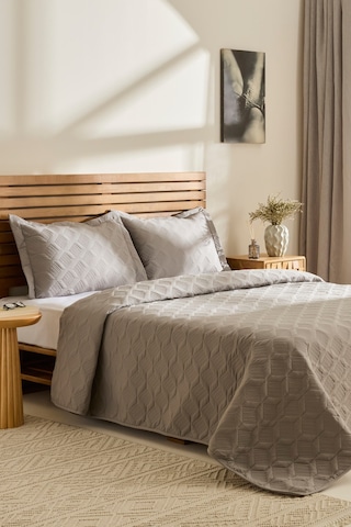 Kaşmir Home Greta Geometrik Çift Kişilik Yatak Örtüsü Takımı Koyu Gri 230x240 Cm Koyu Gri