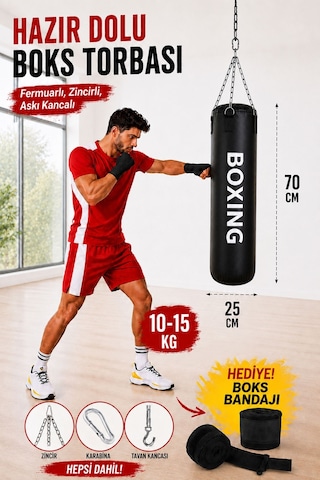 Boxing 70 Cm Gençlere Yönelik Hazır Dolu Boks Torbası Ve Zinciri - Hediye Boks Bandajı Siyah