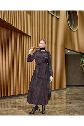 Misswhence Desenli Cupro Elbise 38829 Bordo Bordo