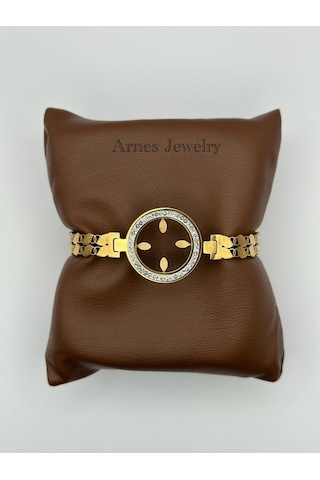 Arnes Jewelry Çelik Çeyrek Altın Takılabilen Kelepçe Bileklik Ar03 Gold