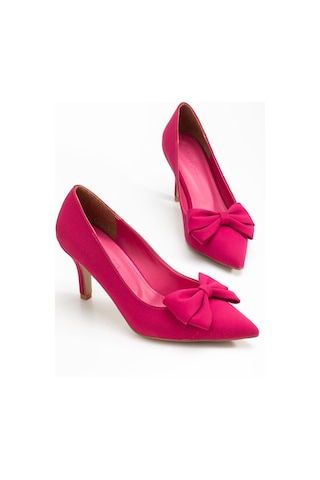 Büyük Beden Kadın Stiletto İnce Topuklu Ayakkabı Fuşya Saten Fiyonklu-4297 Fuşya