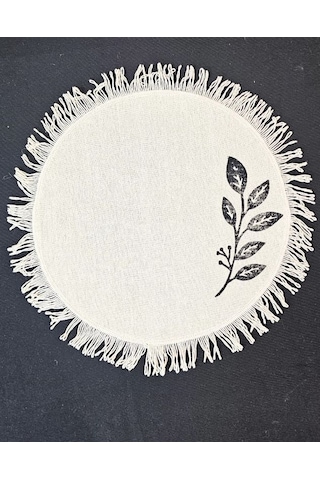 %100 Pamuklu Ham Keten Pamuk Püsküllü Yaprak Taş Baskı 6' Lı Amerikan Servisi Supla Yuvarlak 40cm Naturel