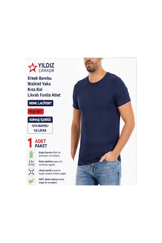 Yıldız Çamaşır Erkek Bambu Bisiklet Yaka Kısa Kol Likralı Fanila Atlet 475-476-477 - 1 Adet Lacivert
