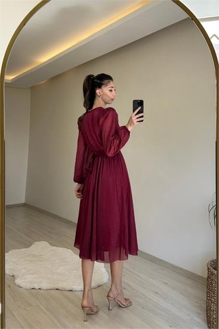 Neşeli Butik Kadın Kruvaze Yaka Tokalı Midi Boy Işıltılı Elbise Nm009 Bordo