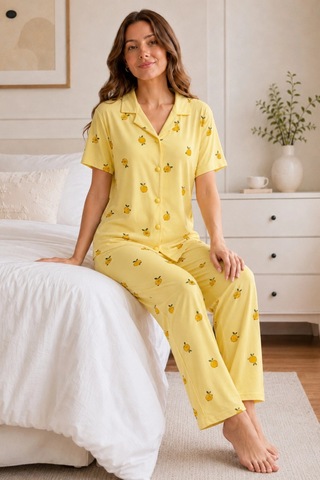 Northcity Sarı Limon Desenli Kısa Kollu Gömlek Yaka Milan Kumaş Kadın Pijama Takımı