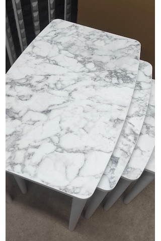 4 Lü Mdf Lam Ahşap Zigon Sehpa Beyaz Mermer