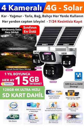 4 Kamera 20mp 4g Güneş Enerjili Güvenlik Kamerası Üstün Gece Görüşlü 128gb Sd Kart 180gb İnternet
