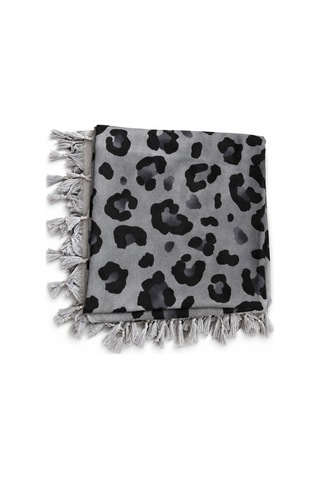 Umttrend Pamuklu Boncuklu Yazma 110cm X 110cm Leopar Desenli Gri