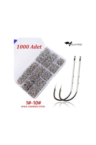 Valkyrie 1000 Adet Olta İğnesi Seti 1 -10 Yüksek Karbon Çelik, Halkalı Göz, Keskin Uç Profesyonel Balıkçı İğnesi