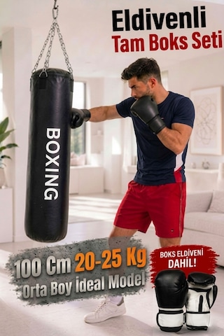 100 Cm x 30 Cm Siyah Boks Torbası + Boks Eldiveni + Tavan Kancası Siyah