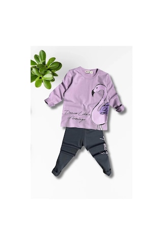 Flamingo Desenli Lila Renk Kız Çocuk Mevsimlik Taytlı Takım Lila