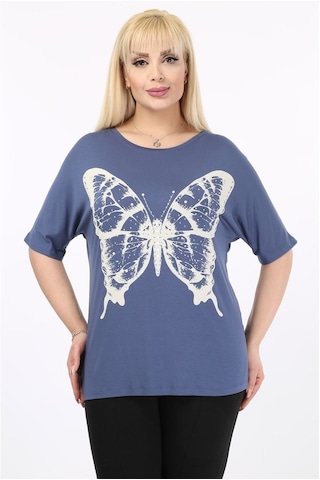 Kelebek Baskılı Taşlı Büyük Beden Kadın Tshirt 37B-2096 Çok Renkli