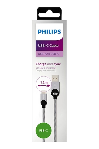 Philips Dlc2628t/97 Usb-a To Usb-c Örgülü Hızlı Şarj Kablosu, 1.2 Metre, Gri