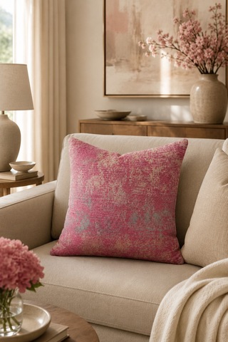 Pembe Gri Dokulu Jakarlı Dekoratif Kırlent Kılıfı 43x43 Cm