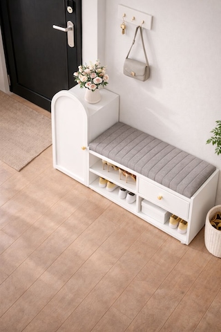 Kidy Woody Modern Oturaklı Puflu Ayakkabılık Beyaz Çok Amaçlı Antre Dolabı 120x40x70 Cm - Mdf Kapaklı