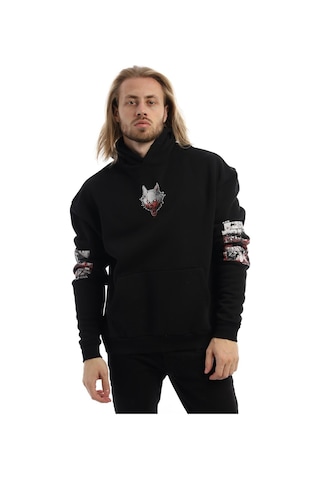 Polostate Erkek Kitsune Anime Girl Baskılı 3 İplik Kapüşonlu Sweat Siyah