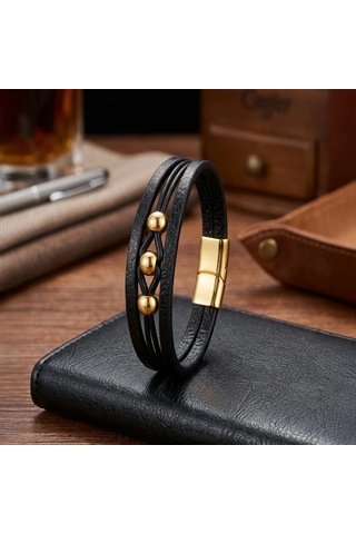 Moncuk Design Sarı Çelik Top Ve Siyah Deri Bileklik 33514b8d4