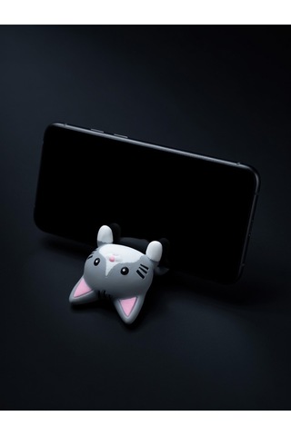 Gri Kedi Figürlü Telefon Tutucu Stand - 3d Baskı Ofis Masaüstü Aksesuarı Ve Biblo