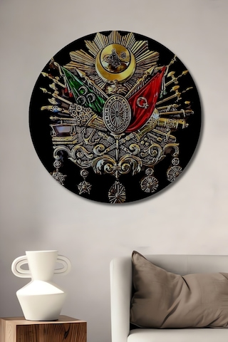 Osmanlı Arması Yağlı Boya Görünümlü Ahşap Dekoratif Tablo Yuvarlak Duvar Tablosu Uynkfrk72164