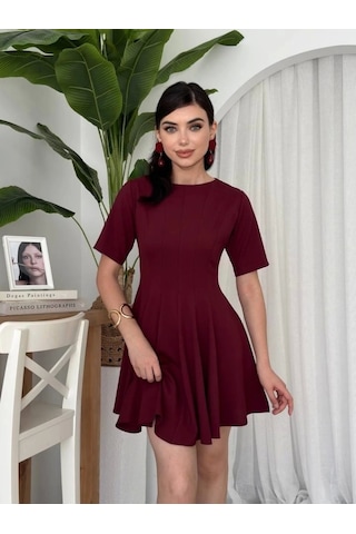 Defymoda Crem Pliseli Elbise Bordo