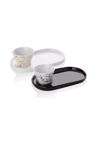 Tilbe Home Oval Sunum Tabağı Konik Sosluk Desenli Sunumluk Sosluk 2'li Set Siyah Beyaz