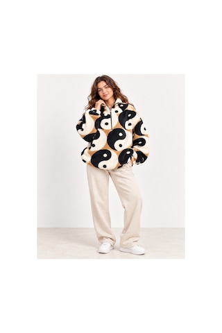 Nova Earth Art Kadın Desenli Yarım Fermuarlı Peluş Sweatshirt Siyah