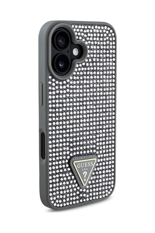 Apple Uyumlu iPhone 16 Plus Kılıf Guess Lisanslı Üçgen Logolu Taşlı Kapak Gümüş