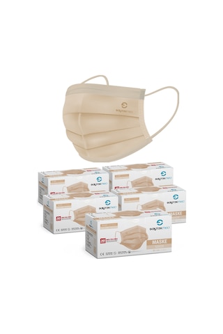 Saytekmed Meltblown Filtreli, Yassı İpli, 3 Katlı Bej Maske (5 Kutu/250 Adet)